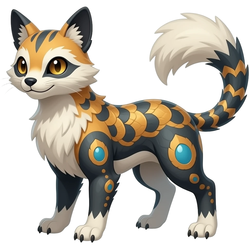 unique-patterned finned epic legendary vintage antique aesthetic quadrupedal fuzzy fury scaly feral fantasy-Civet-Litten-Luxray-Shinx-Luxio-Vaporeon-Milotic-Furret-Fakémon-fusion-hybrid-creature emoji