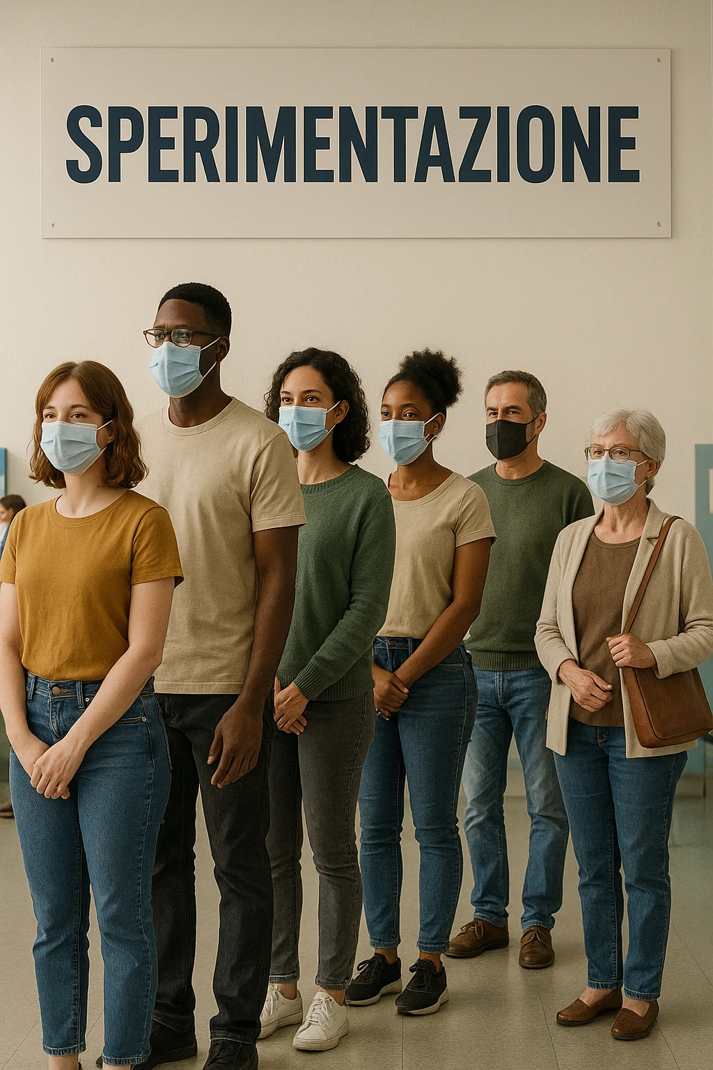 donne e uomini che fanno fila per i vaccini, chiamati "Sperimentazione" emoji