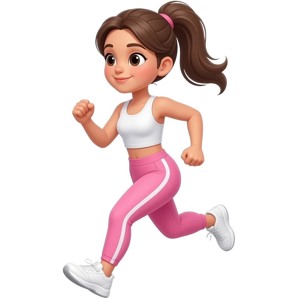 girl running brown hair light tanned skin, pink training pants, white tank top, white sneakers, pony tail emoji