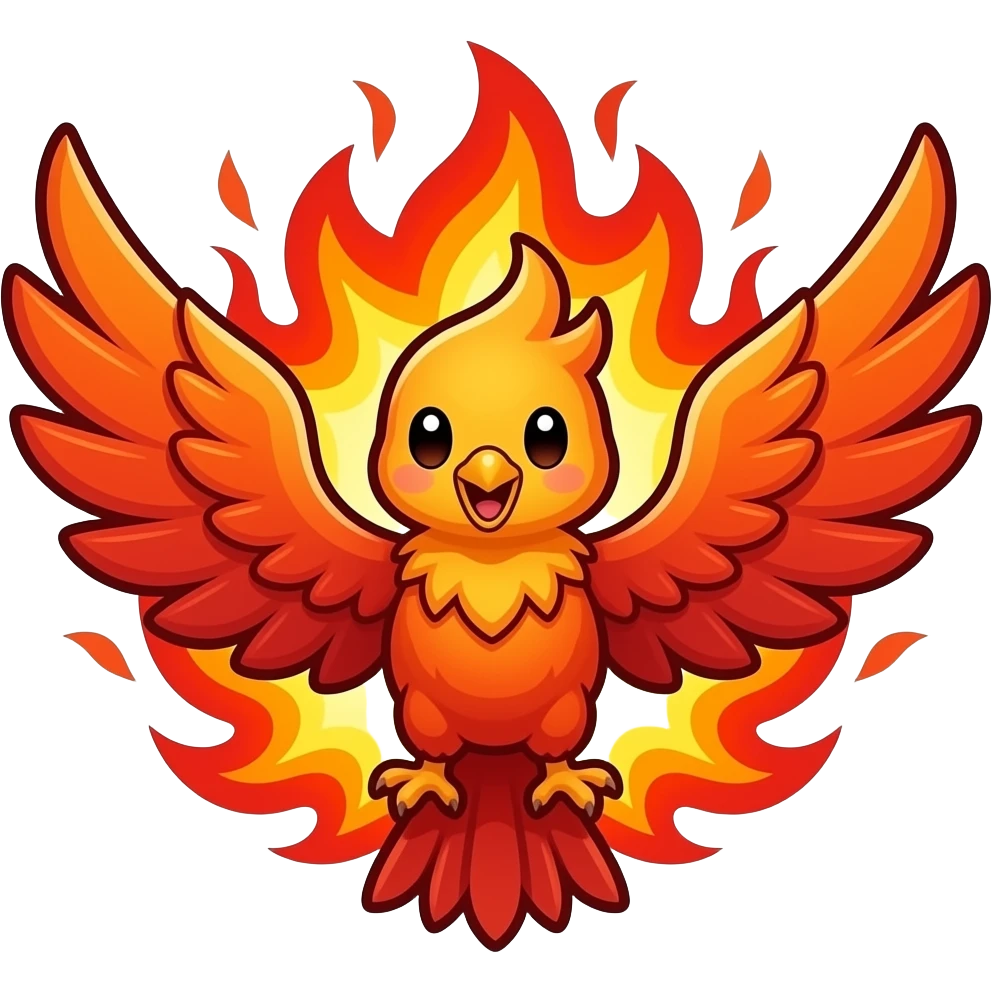 set of 7 chibi phoenix discord emojis, cute cartoon style, bold thick outline, simple shading, transparent background, bright orange red yellow flames, centered, square format  1) excited phoenix wings spread flames burst emoji