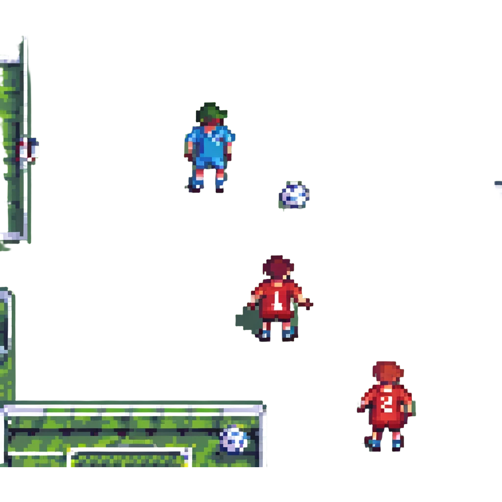 two young boys, one younger and one older, happily playing soccer, pixel art style emoji
