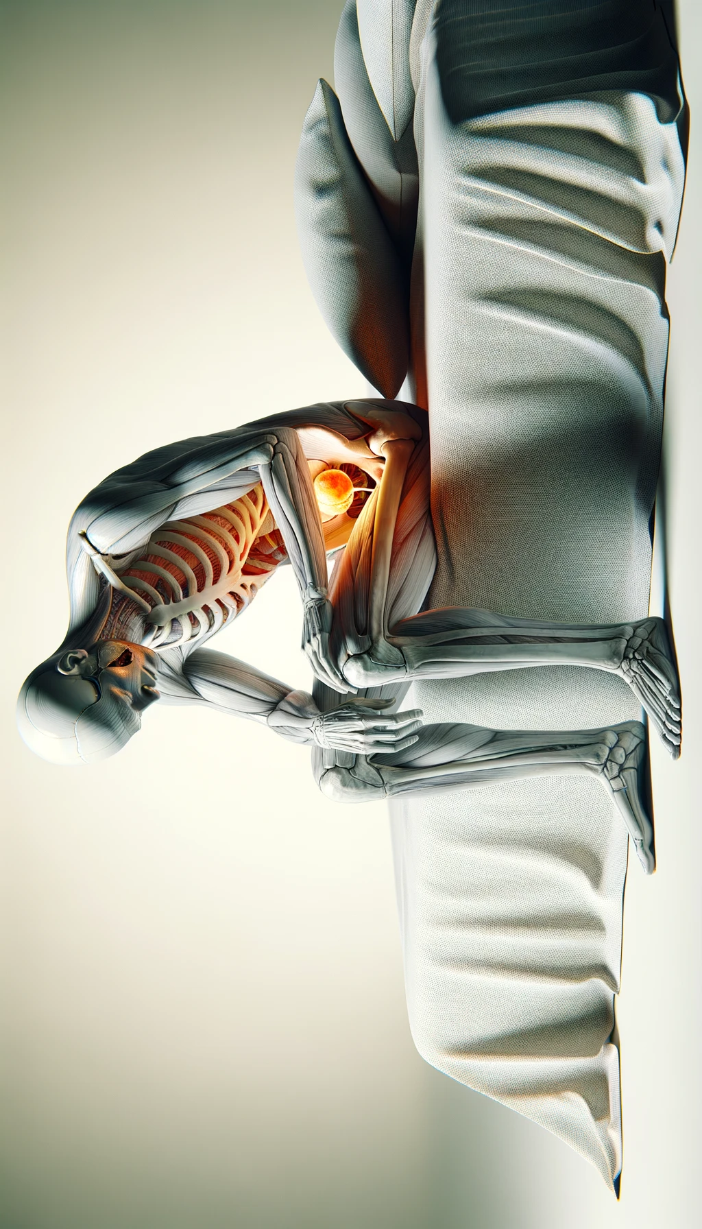 CORPO UMANO ANATOMICO SEDUTO NEL LETTO CHE NON RIESCE A DORMIRE, VESCICA ANATOMICA IN EVIDENZA, IPERREALISTICO SFONDO CHIARO NEUTRO emoji
