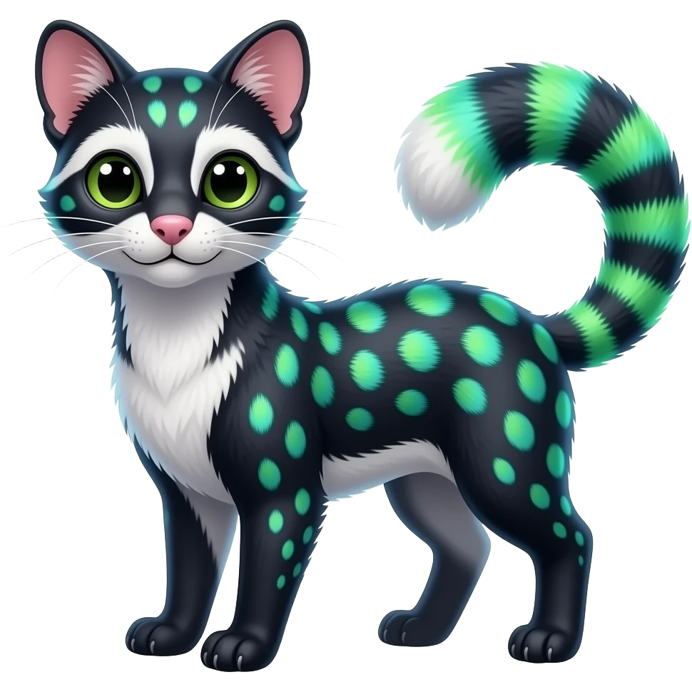 Colorful petite neat shiny realistic silky smooth glossy tropical thin exotic beautiful lanky gradient-colored cobalt-blue-obsidian-black-neon-green-gradients, with white underside, iridescent glorious fantasy-civet-genet-Cacomistle-oncilla-animal-hybrid with pattern markings (full body) emoji