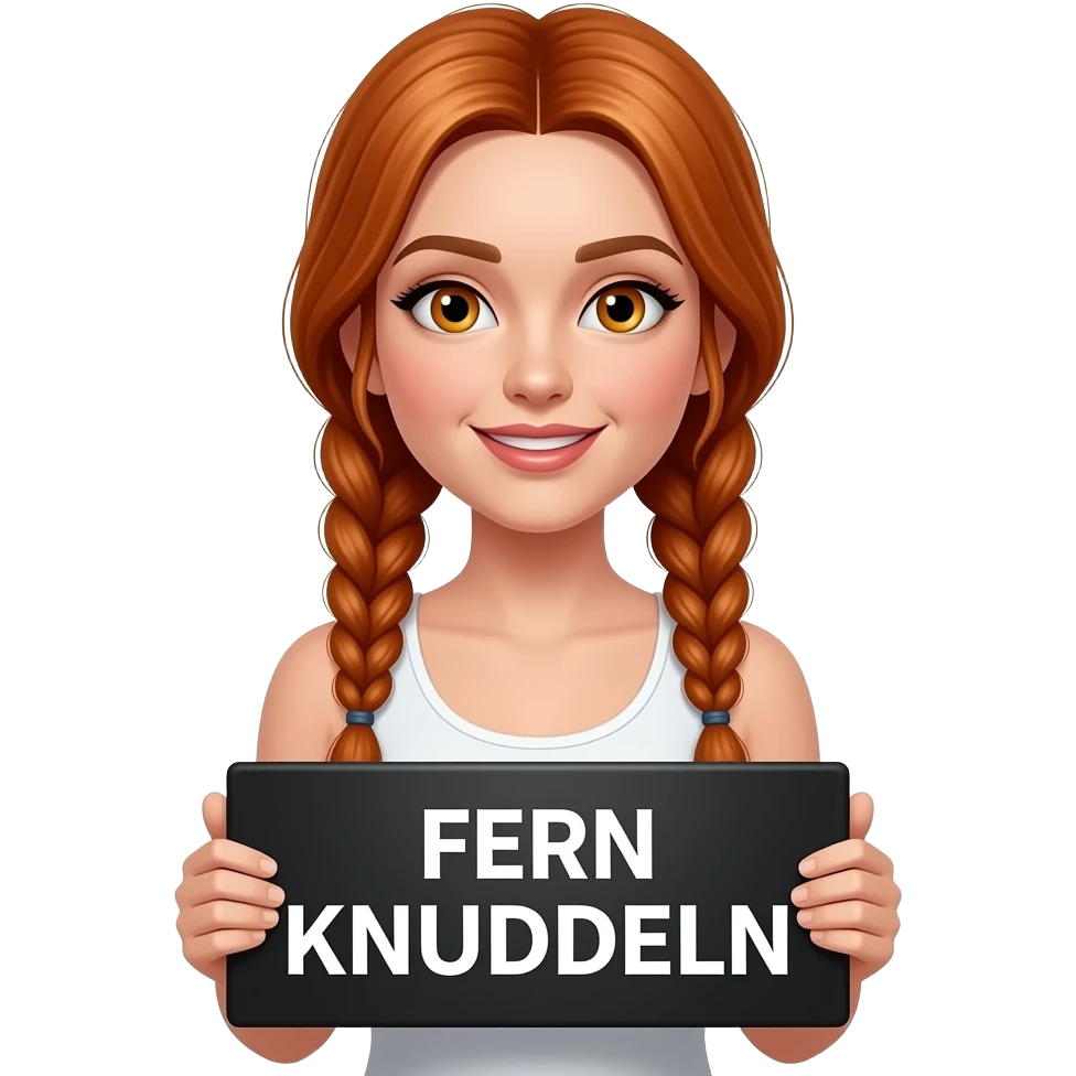 sexy girl with long ginger braids and ginger eyes wearing a white tanktop is holding a black sign with FERN KNUDDELN written on it emoji