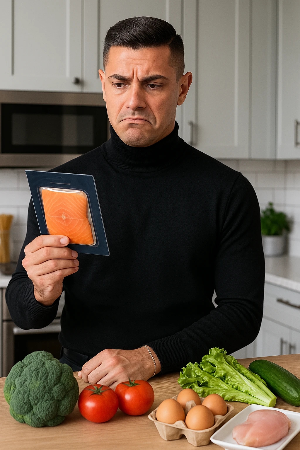 a man stands in his kitchen, holding a package of smoked salmon in one hand. He looks at it with a doubtful, slightly disapproving expression—eyebrows raised and lips pressed together. On the counter behind him, fresh vegetables and healthier protein options are visible, emphasizing his awareness of better choices. The mood is reflective and subtly critical. emoji