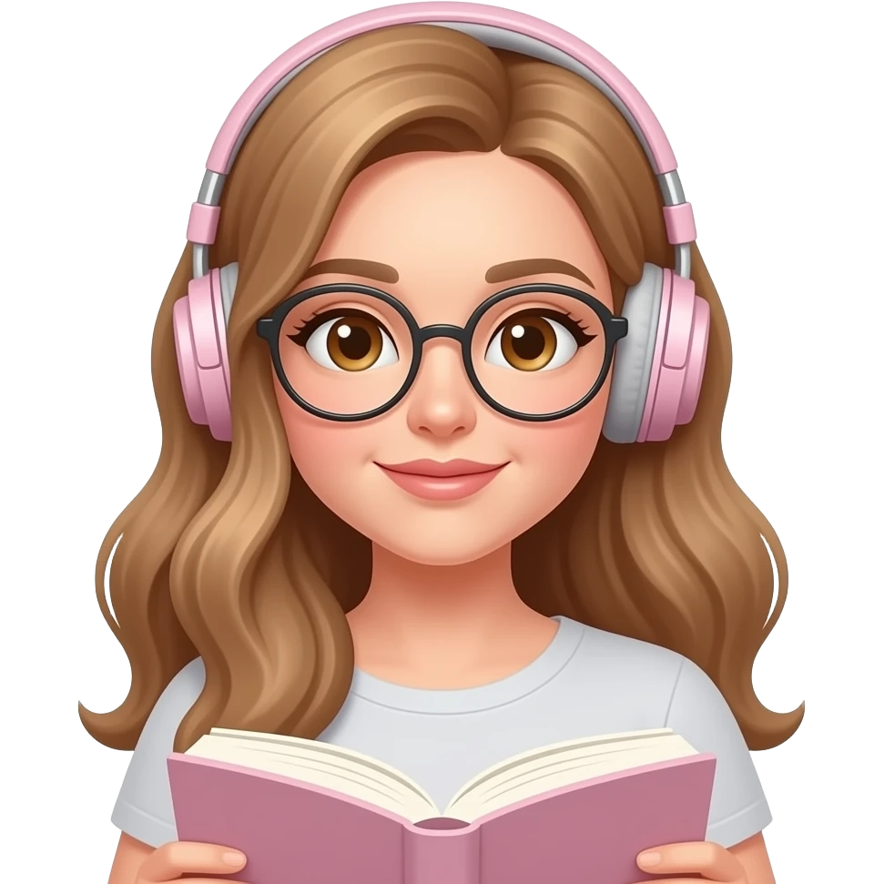 detailed emoji illustration of a curvy woman with long light brown wavy hair, light brown eyes and round glasses reading a book while wearing headphones pastel pink without any cable, calm focused vibe, cute emoji style emoji