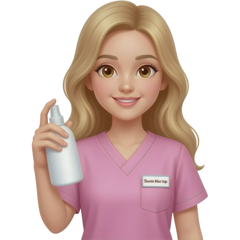 IOS emoji: asian, pretty fair-haired girl in pastel pink scrubs, slight smile, brown eyes, holding middle white spray bottle without arts, name tag "Бьюти Мастер". Pastel colors, clean vector, white background --ar 1:1 emoji