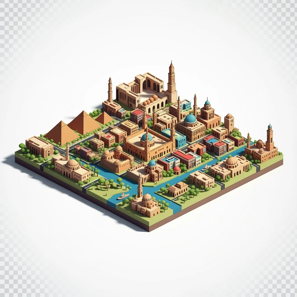 Isometric minimalistic illustration of Cairo, subtle 3D miniature effect and Tilt Shift effect, no cartoonish look, transparent background. emoji