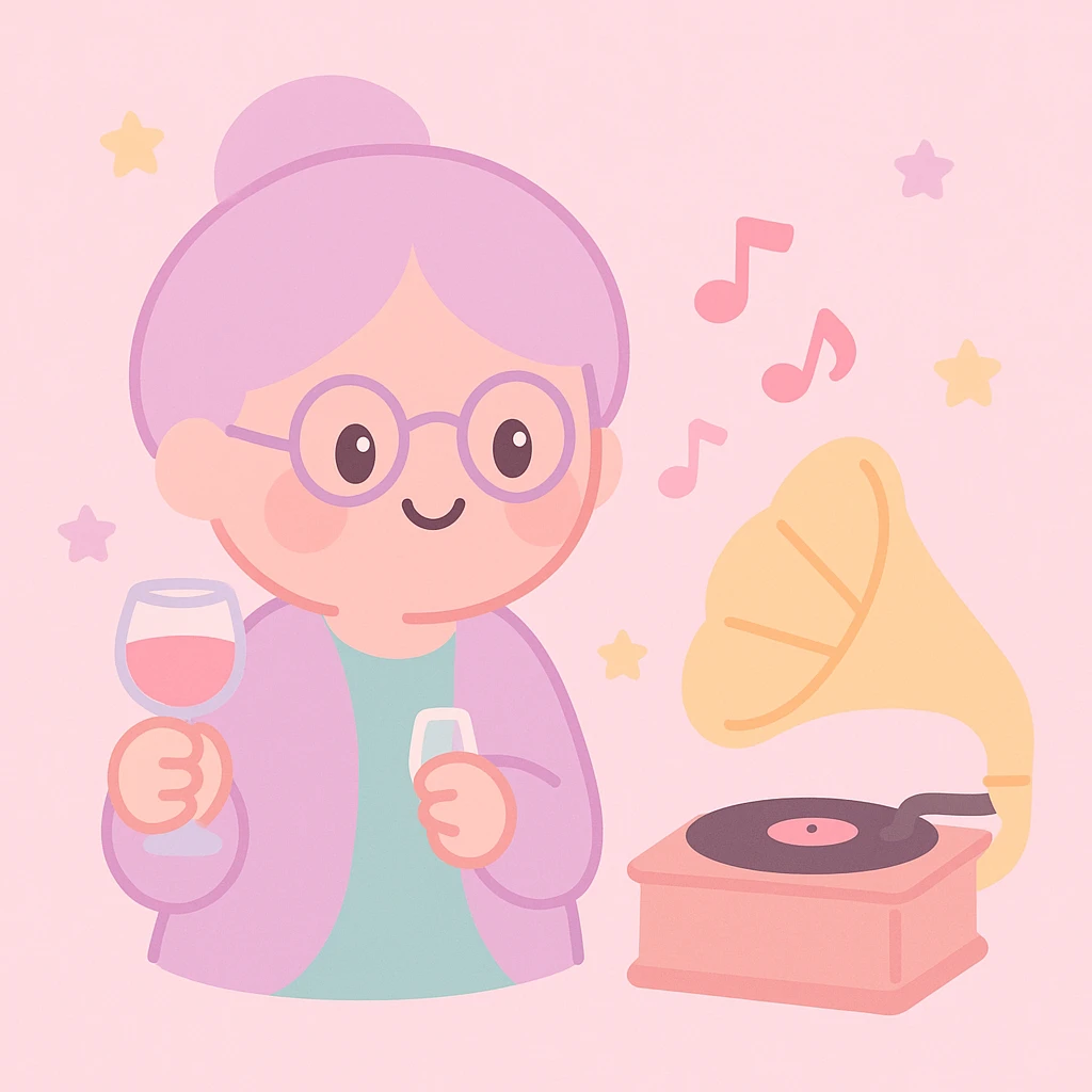 old lady with wineglass listening to gramophone emoji