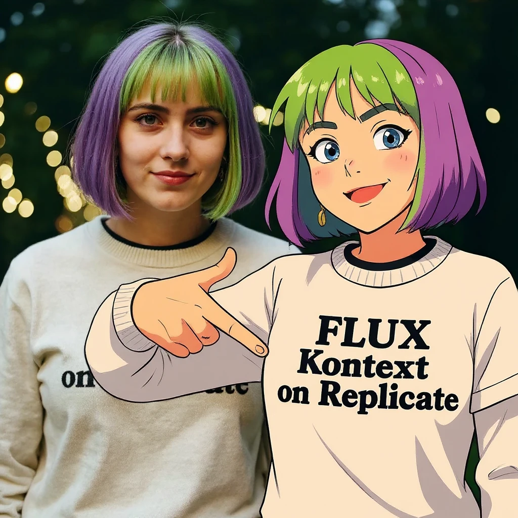 make a image of a girl with a anime version of that girl beside her wearing tshirt with text of FLUX Kontext emoji