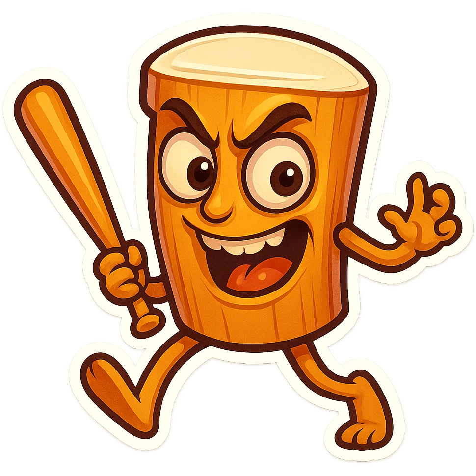 square image of absurd wooden stick-man creature, drum-like cylindrical body, holding baseball bat, cartoon style, bright vivid colors, expressive face, dynamic pose, a bit creepy yet funny,  emoji