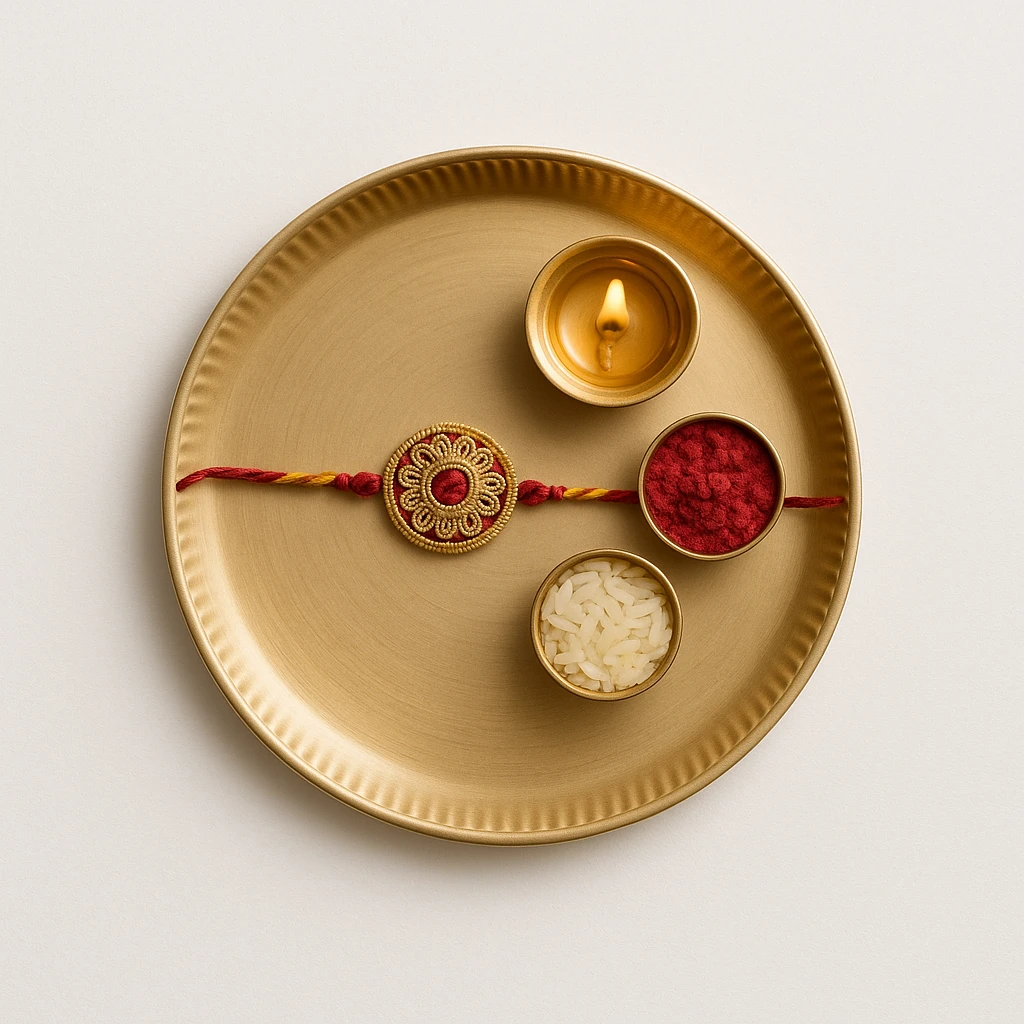 A simple rakhi thali with a rakhi, diya, and roli chawal, minimal and elegant design emoji