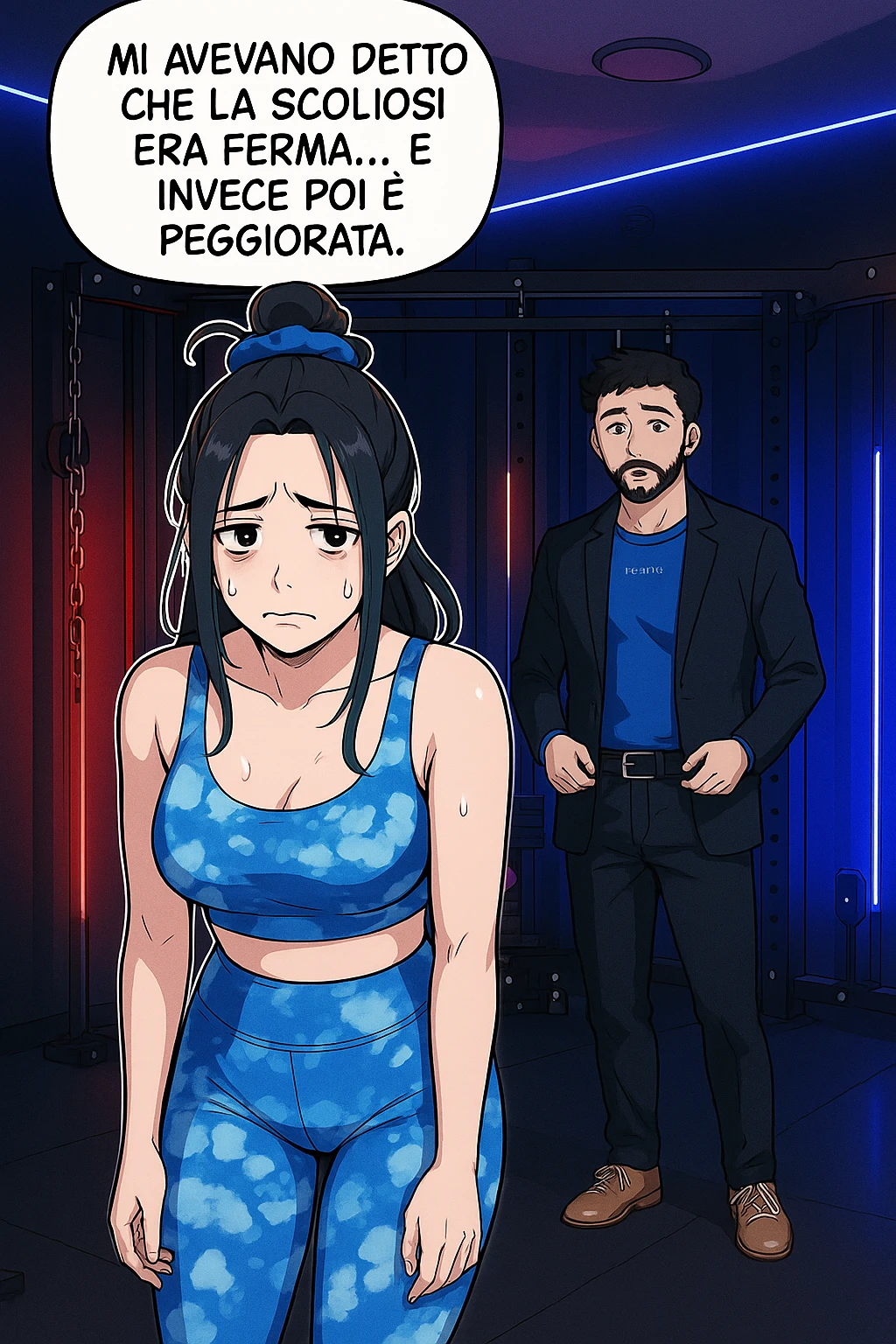 fai questa immagine in versione fumetto/manga/webtoon a colori, il manga mostra la donna disperata con un fumetto sulla testa che dice:
Mi avevano detto che la scoliosi era ferma… e invece poi è peggiorata.
 emoji