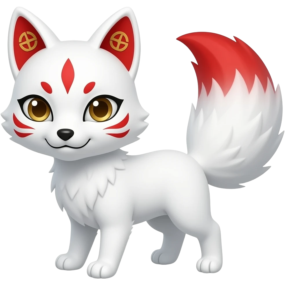 A pure white one-tailed kitsune (fox form,) with red accents, (one marking on each of its cheek, two markings each across its eyes and a single one on its forehead,) red on the insides of its ears, with gold symbols inside of its ears,) and pale golden eyes. Pure white paws and a red tail tip. emoji