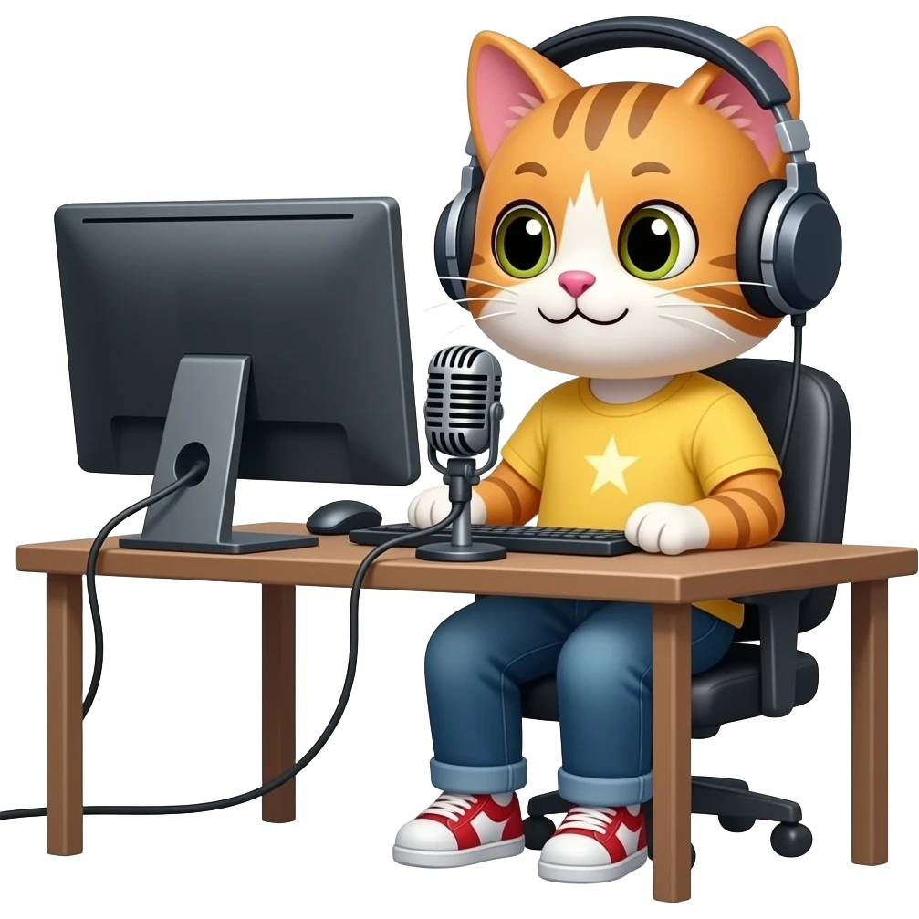 Napster kittyhead logo as the head on a cat podcaster sitting at desk with computer, microphone and headphones emoji