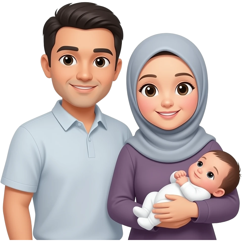 Muslim asian family, father with short hair, mother wearing hijab, and a new born baby girl. Make look a like iOS iPhone emoji emoji