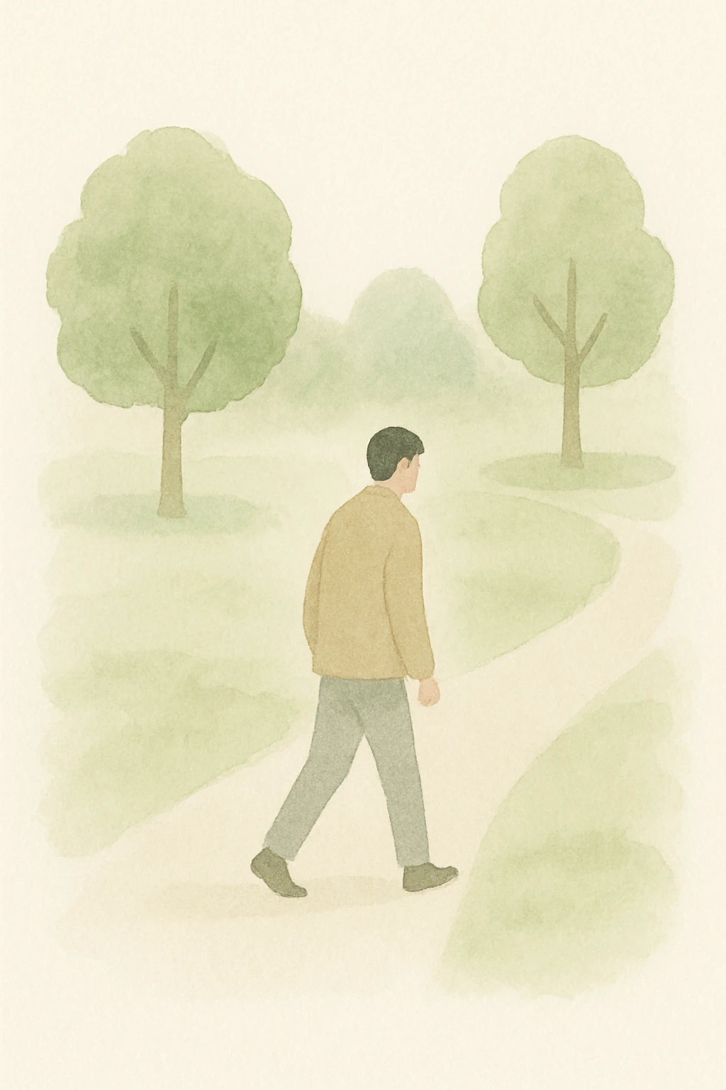 man walking through a green park, trees and path, watercolor art style emoji