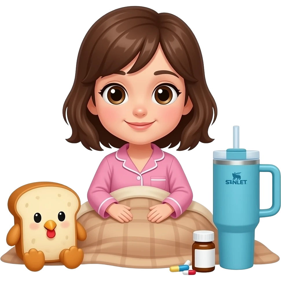 Light brown blanket and bread plushie sick day  with a  girl with brown hair and pink pajama and hearts and a Stanley  cup blue and a medicine and a chicken soup emoji