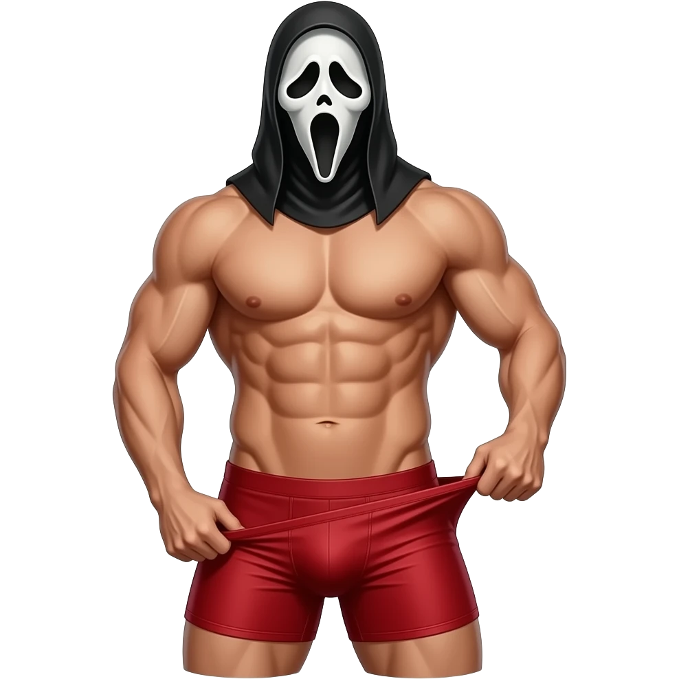 Ghostface wearing tight red briefs pulling down sexy emoji
