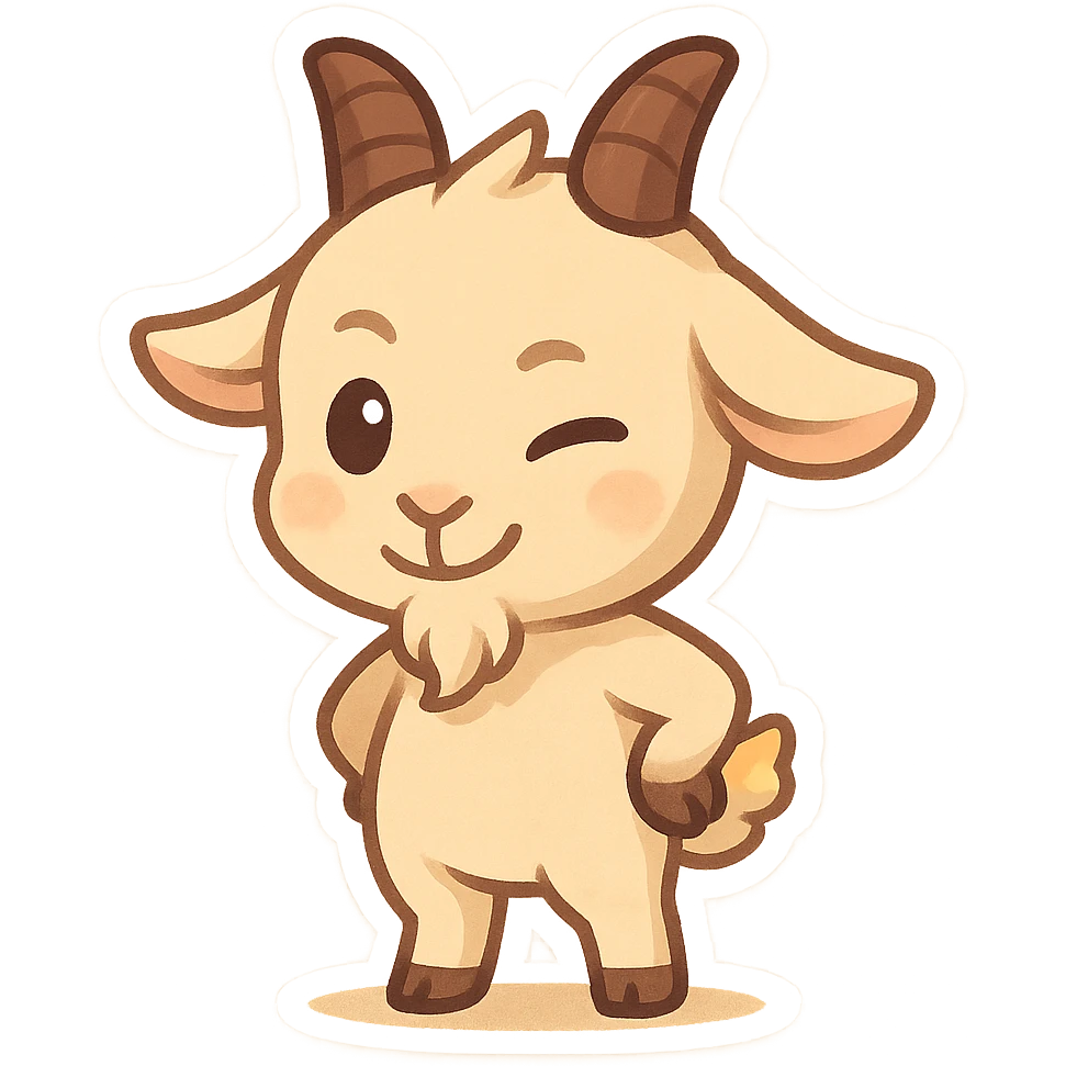 chibi goat, mischievous, hiding something behind its back, winking, simple background emoji