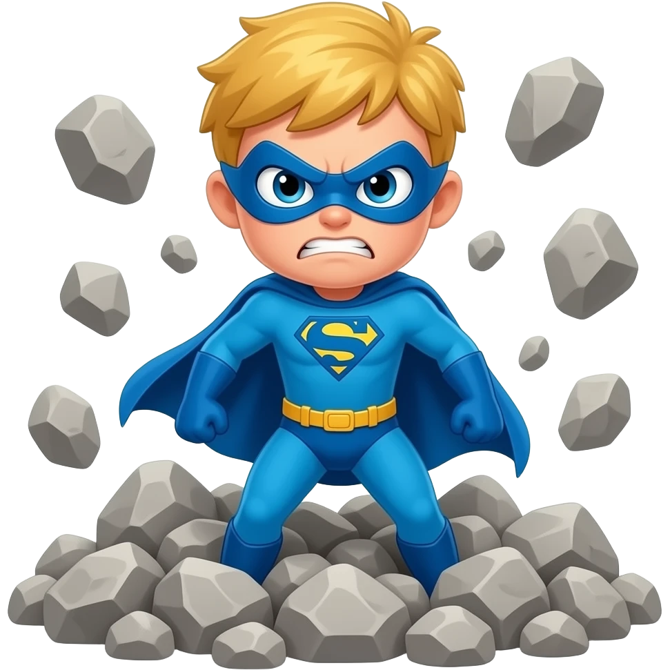 quiero que me hagas a un superheroe con el pelo rubio mascara azul i con un traje azul que sea un niño atrapado en un monton de rocas esta enfadado emoji