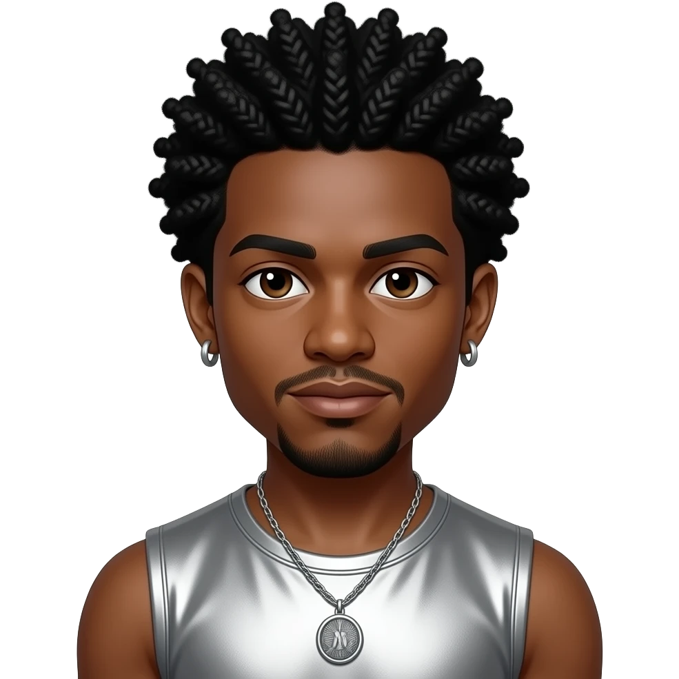 Trevor Penick from O-Town with dark brown eyes, black 2000s afro hair, silver metallic sleeveless shirt, necklace and earrings emoji