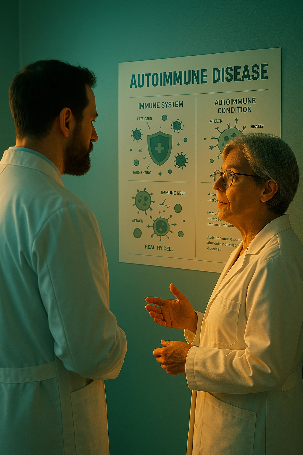 Realistic, detailed photo taken from behind of two doctors—a bearded man and a middle-aged woman—standing and facing each other as they discuss an autoimmune disease diagnosis in front of a medical chart that displays information about the immune system and autoimmune conditions. The scene is illuminated by a yellowish, orange, warm light that softly envelops the doctors. The entire room is bathed in a single green-blue color, creating a cohesive and modern atmosphere. Both doctors wear white coats, and their body language suggests a serious, professional conversation about the complexities of autoimmune diseases. Shot with a Canon EOS R5, with high detail and natural depth of field. emoji