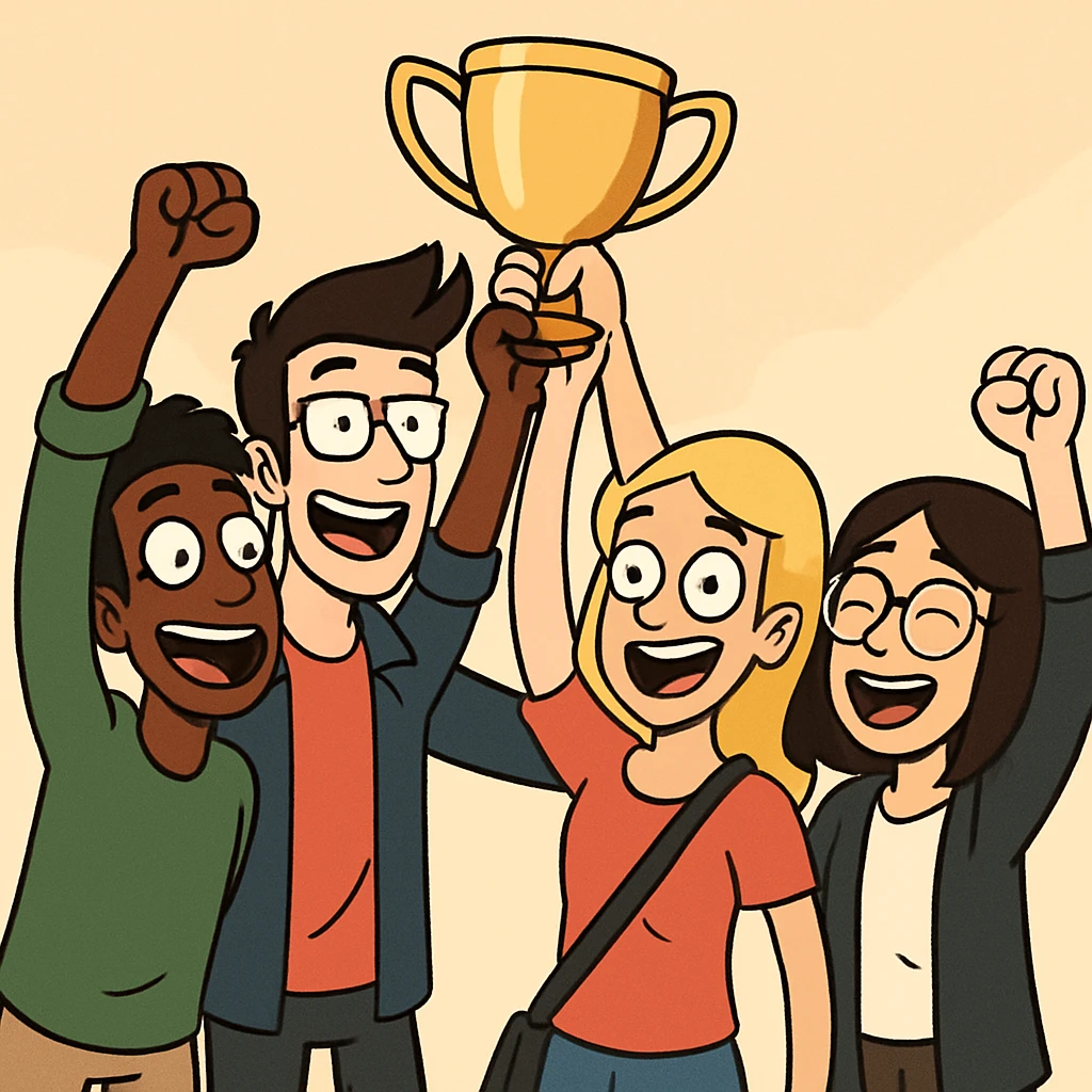 four diverse students in a warm atmosphere lifting a trophy, modern cartoon style, joyful expressions, simple background, bright colors emoji
