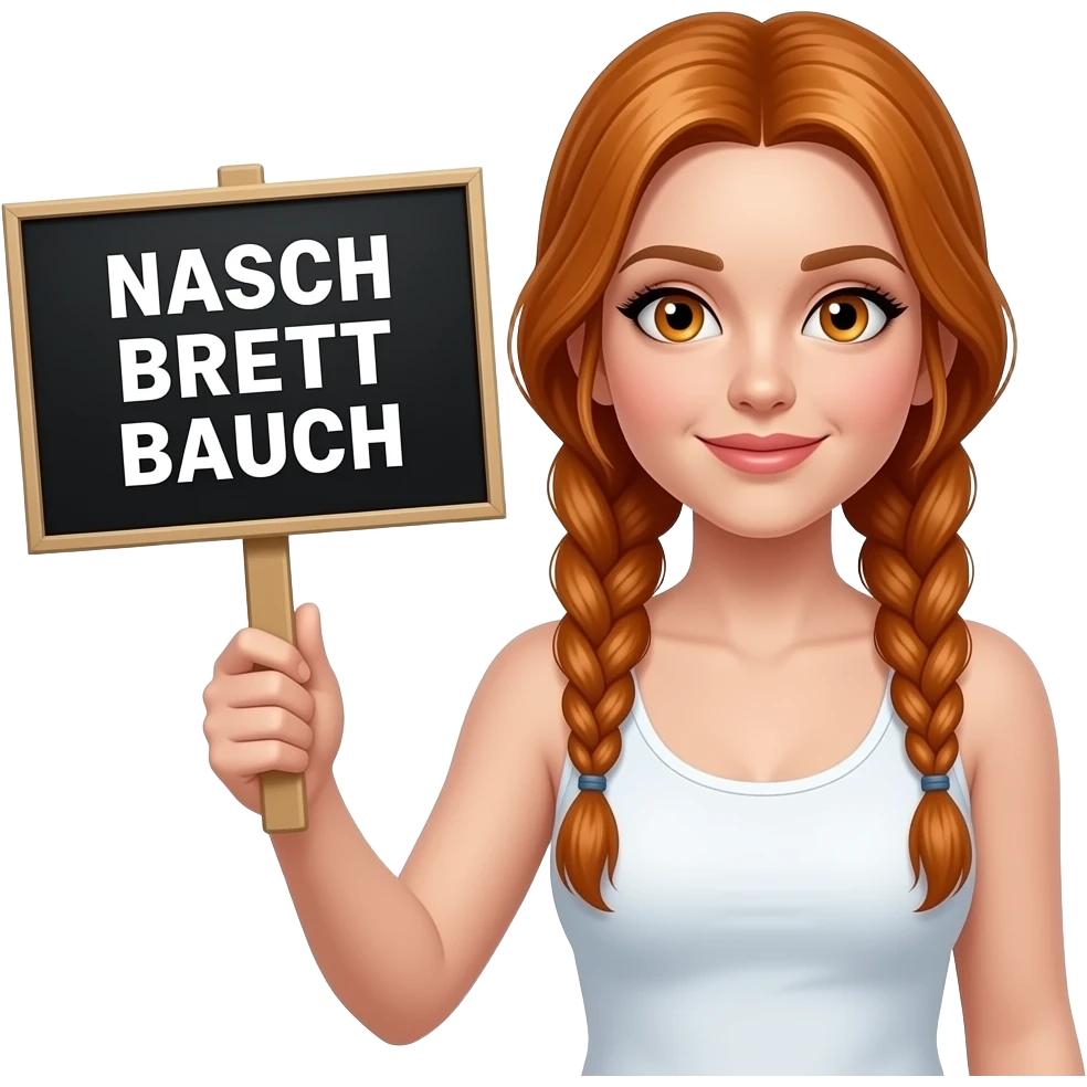 sexy girl with long ginger braids and ginger eyes wearing a white tanktop is holding a black sign with NASCH BRETT BAUCH written on it emoji