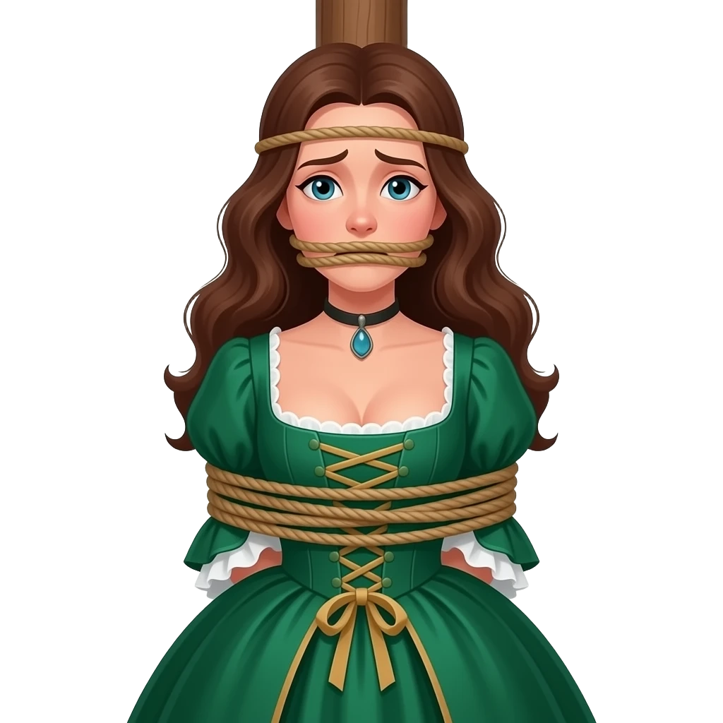 Brunette woman in emerald green 1770s gown with long flowing hair, looking distressed, ample bosom, gagged and bound to tall post, with lower rope tied just beneath bosom and another upper single rope tied around her head at mouth level. Upper rope around mouth level only! emoji