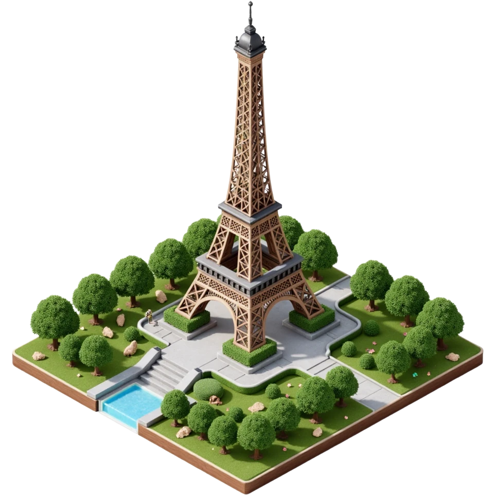 Isometric illustration of Paris, featuring the photorealistic Eiffel Tower surrounded by small Parisian buildings and trees, highly detailed in semi-realistic style emoji
