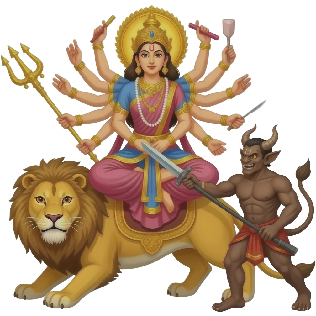 Create an emoji of a goddess with ten hands standing with one leg on a lion's back and another leg on a brownish demon and the goddess is stabbing him in his chest with a trident with her two front arms emoji