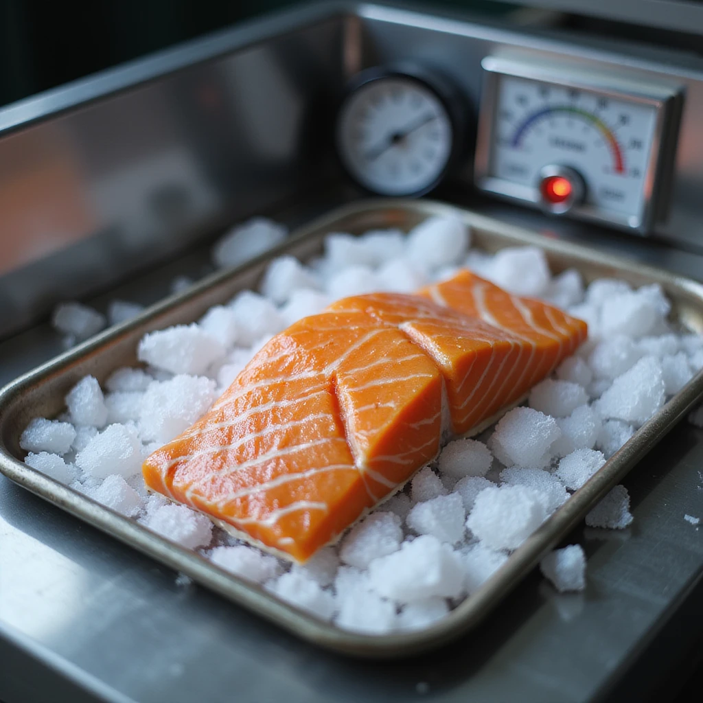 realistic 4K image of orange salmon fillet on a tray inside a blast chiller cell, with dry ice and thermometer showing very low temperatures emoji