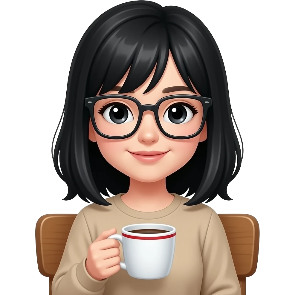 Chica de pelo negro ojos negros y piel blanca con lentes oversize square GAFAS DE LEER BIEN GRANDES , ropa de beige, sentada en una silla de madera , en la mano derecha una taza de cafe blanca con líneas rojas emoji