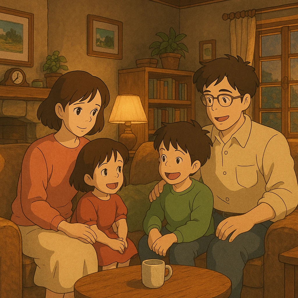 a family of four in a cozy living room, detailed ghibli style, warm lighting, inviting and peaceful emoji