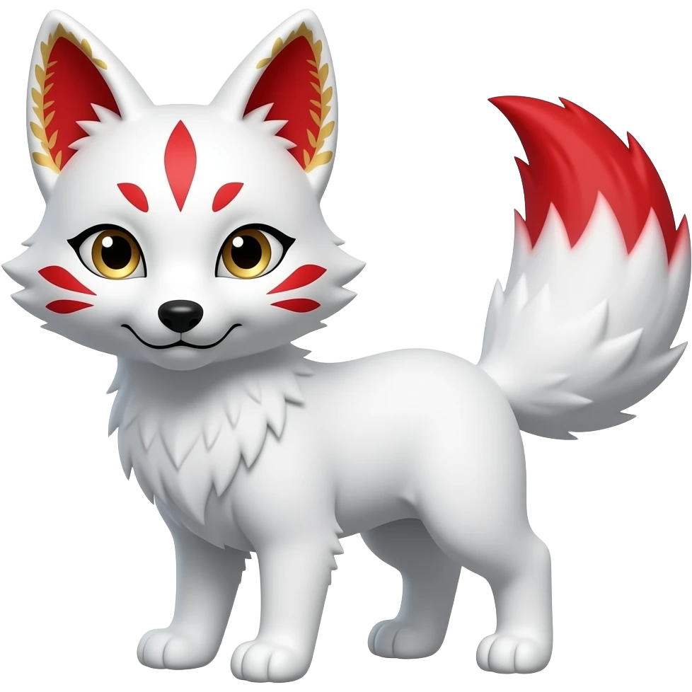 A pure white one-tailed kitsune (fox form,) with red accents, (two on each cheek, and a single one of its forehead,) red on the insides of its ears, (with gold markings inside of its ears,) pale golden eyes, pure white paws and a red tail tip. emoji