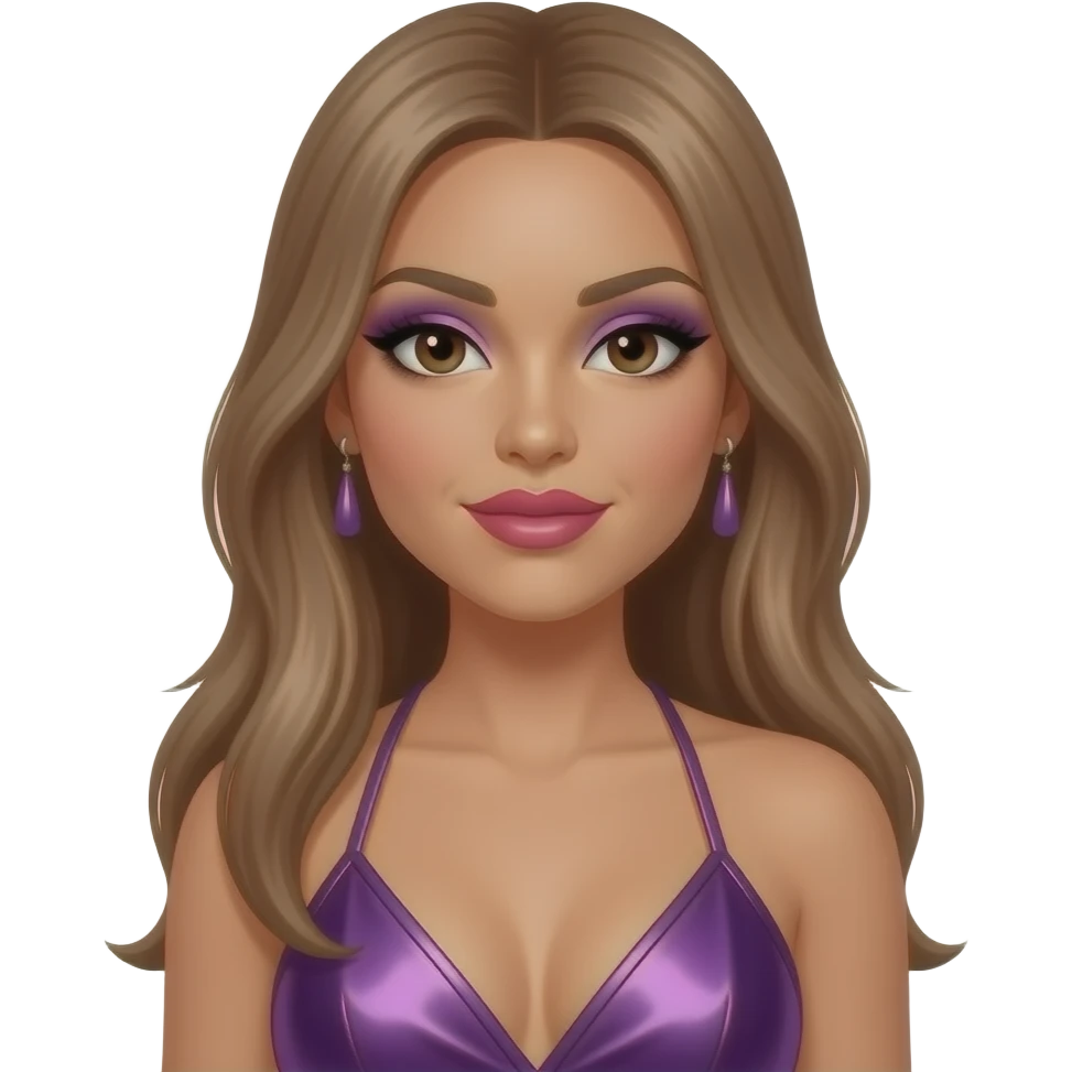 Melody Thornton from The Pussycat Dolls with dark skin, dark brown eyes, long light brown straight hair, purple eyeshadow, hot pink lipstick, purple metallic halter dress, earrings emoji