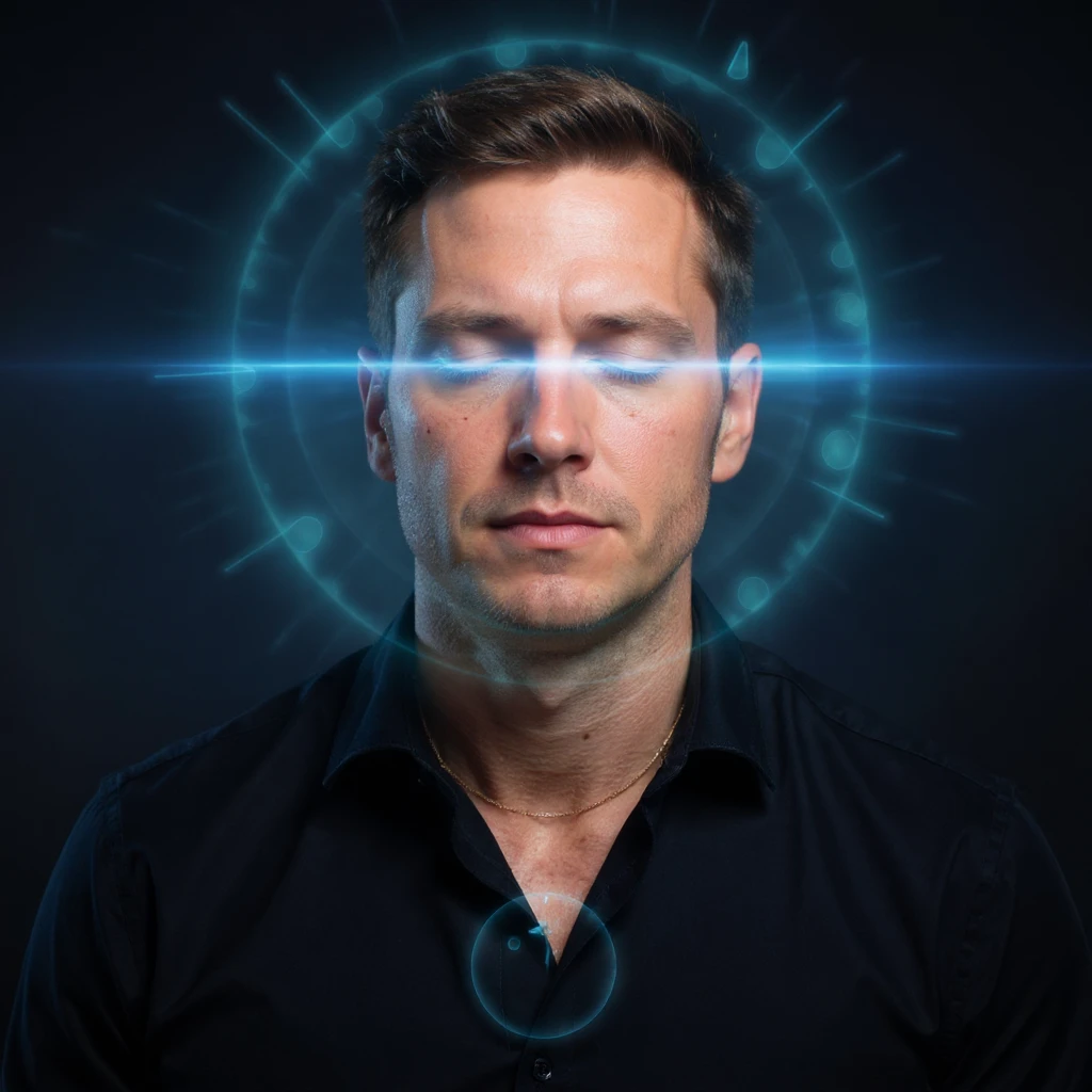 Vertical portrait of a man's face in a realistic professional photography style. The eyes are closed in meditation with a luminous aura around the face. Include symbols of cellular renewal. The atmosphere conveys inner peace during fasting. emoji