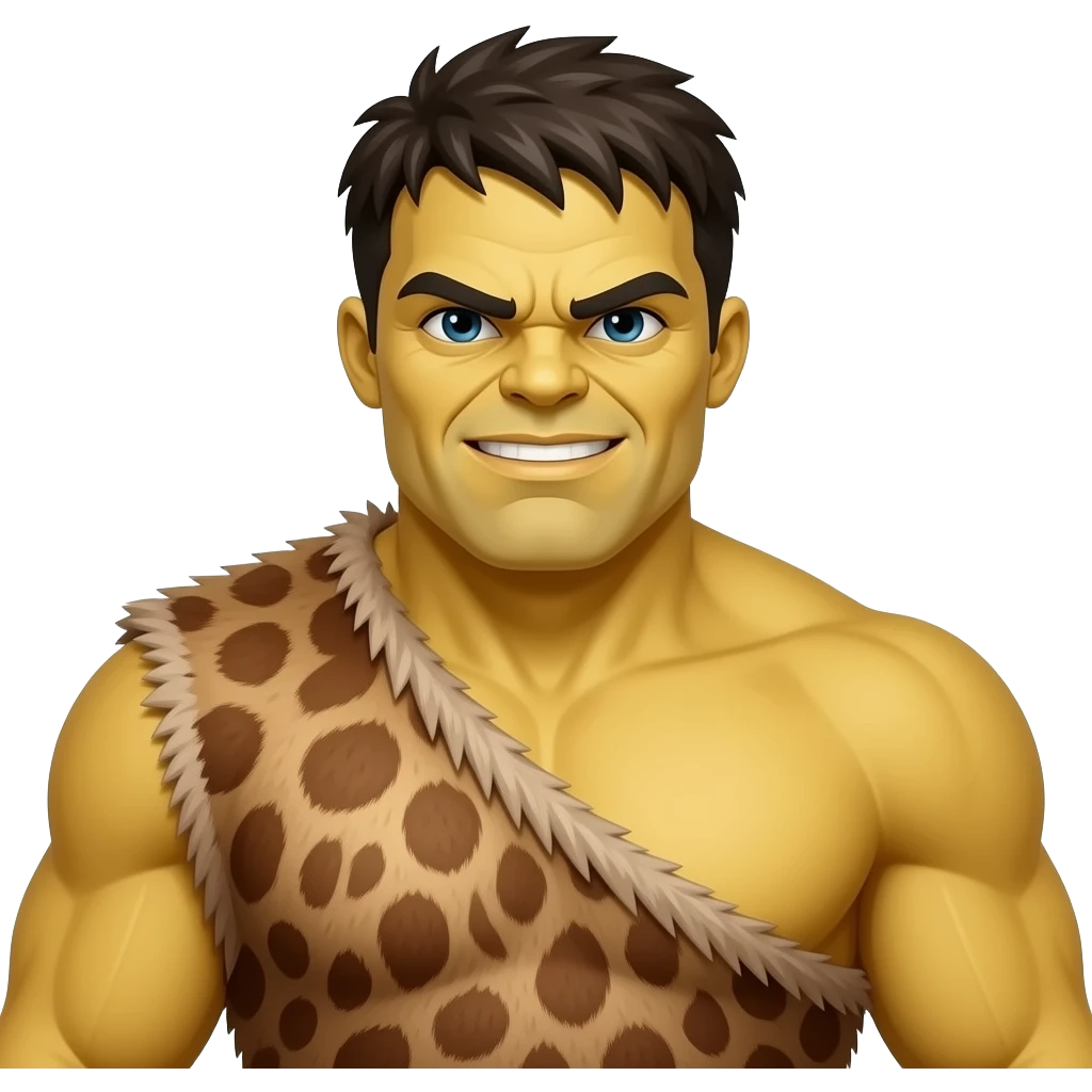 a Hulk wearing ancient animal skin cloth, half body, icon, yellow skin emoji