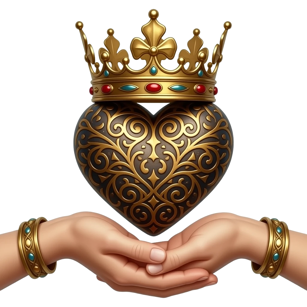 two elegant  hands with bronze bracelets touch with their fingers (fingers are facing down and palms are facing up)  a rusty heart richly ornamented with arabesques with a richly decorated royal crown, dramatic lighting - backlight emoji