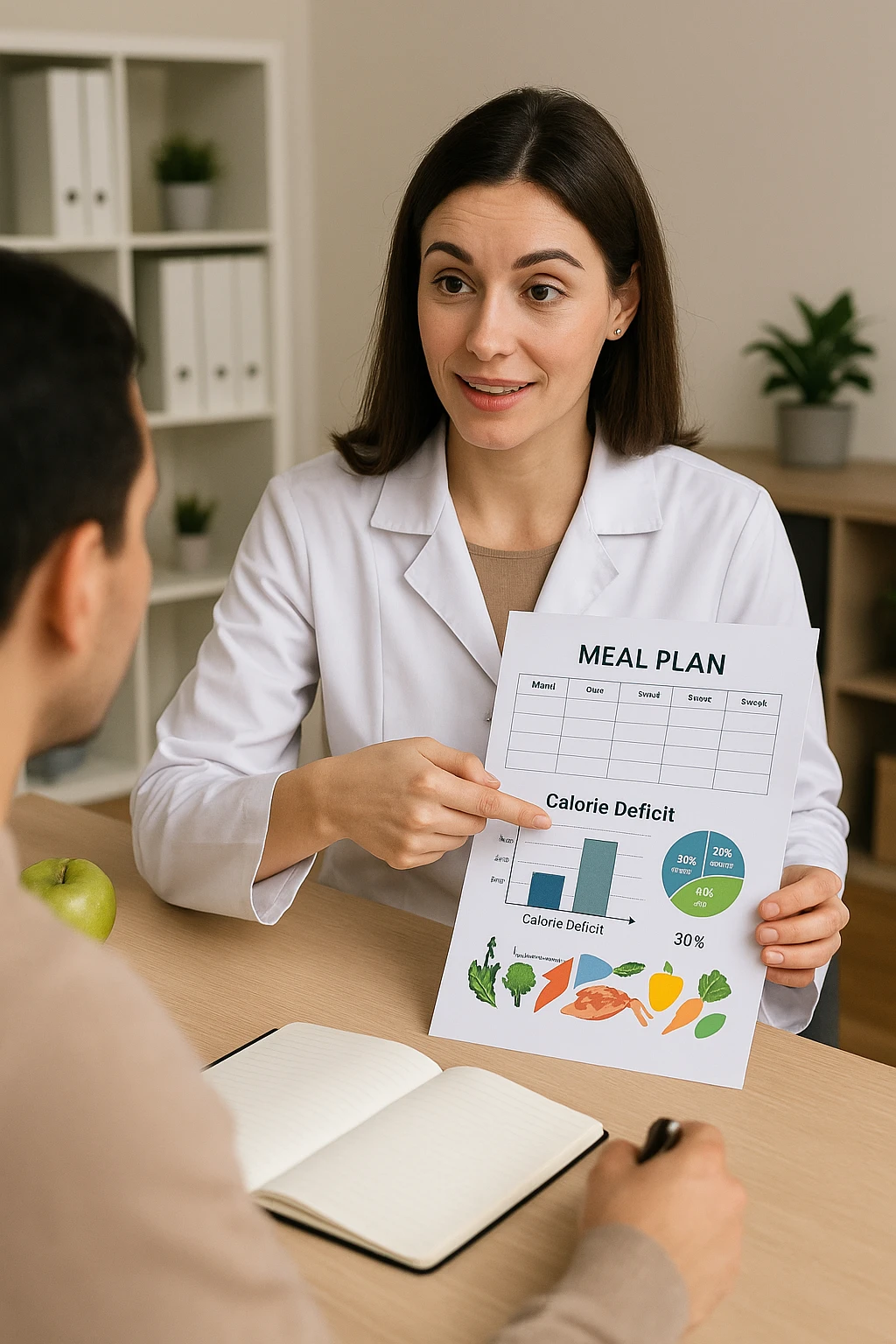 a nutritionist sits at a desk with a client, showing a personalized meal plan and a chart that clearly displays the client’s specific daily caloric deficit. The nutritionist points to the chart, which includes recommended calories, macronutrient breakdown, and healthy food options. The mood is professional, supportive, and educational. in italiano emoji