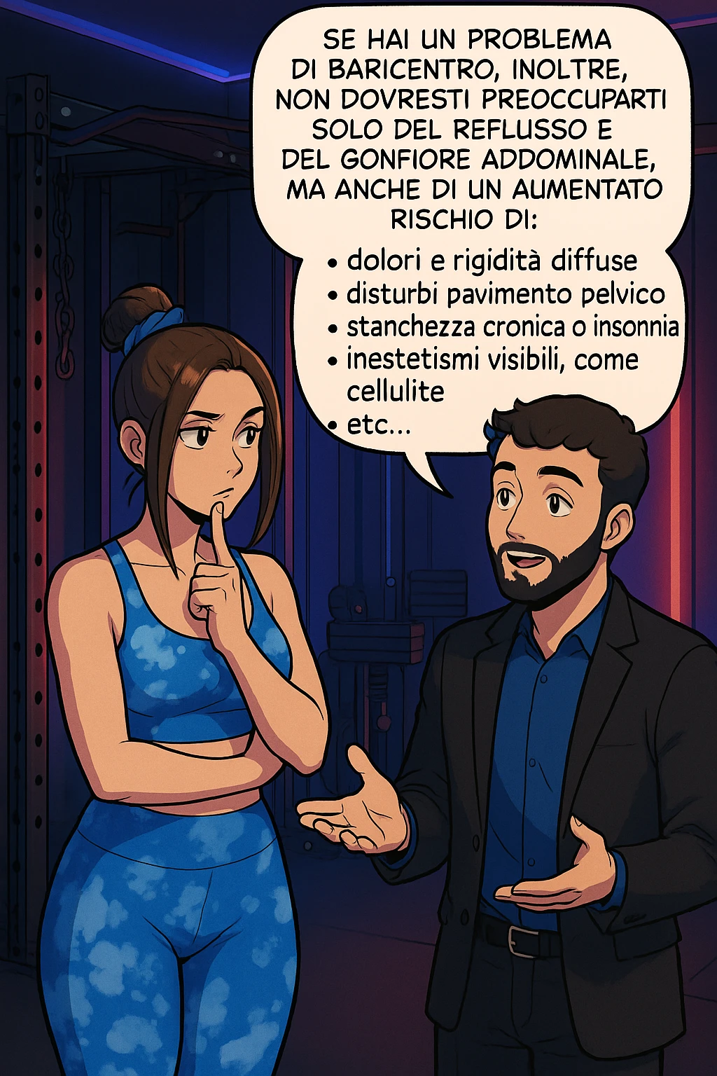 TRASFORMA QUESTO CAROSELLO IN UN FUMETTO STILE WEBTOON/MANGA A COLORI CON QUESTE DUE PERSONE IDENTICHE CHE INTERLOQUISCONO TRA LORO, L'uomo sta spiegando alla donna questo concetto MENTRE LA DONNA SI TIENE L'INDICE SUL MENTO ASCOLTANDOLO PENSIEROSA:

Se hai un problema di baricentro, inoltre, non dovresti preoccuparti solo del reflusso e del gonfiore addominale, ma anche di un aumentato rischio di:
    • dolori e rigidità diffuse
    • disturbi pavimento pelvico
    • stanchezza cronica o insonnia
    • inestetismi visibili, come celluluite
    • etc… emoji