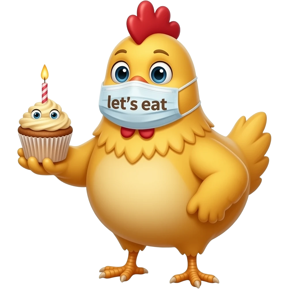 A yellow chicken wearing a white food mask that's says let's eat and holding a cupcake with eyes and the cupcakes with eyes has a candle emoji