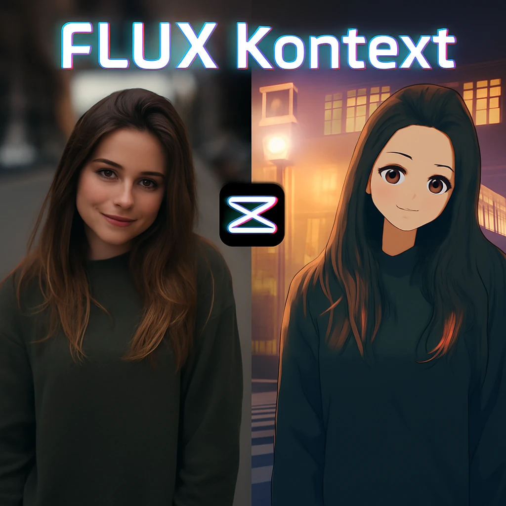 recreate this image and add logo of  text "FLUX Kontext" on top of it emoji