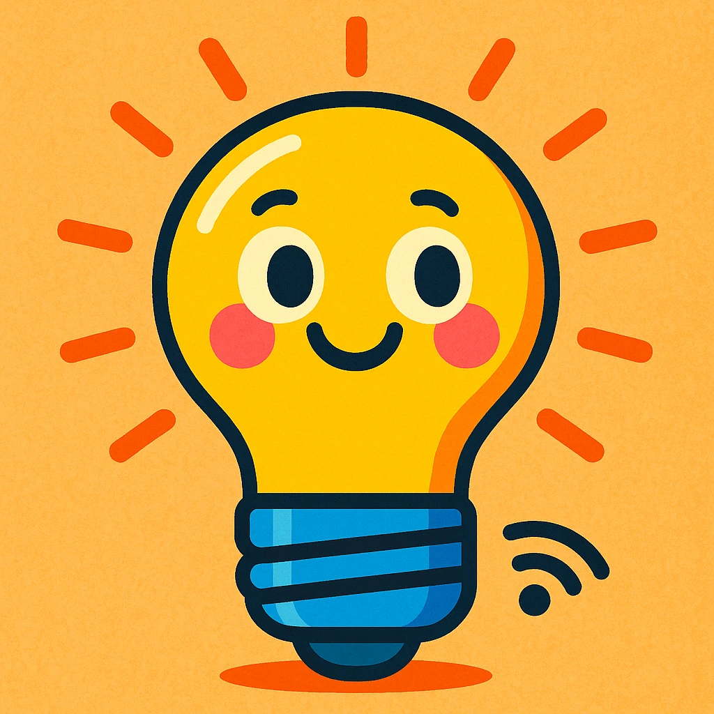smart lightbulb, playful cartoon style, bright colors, smiling face emoji