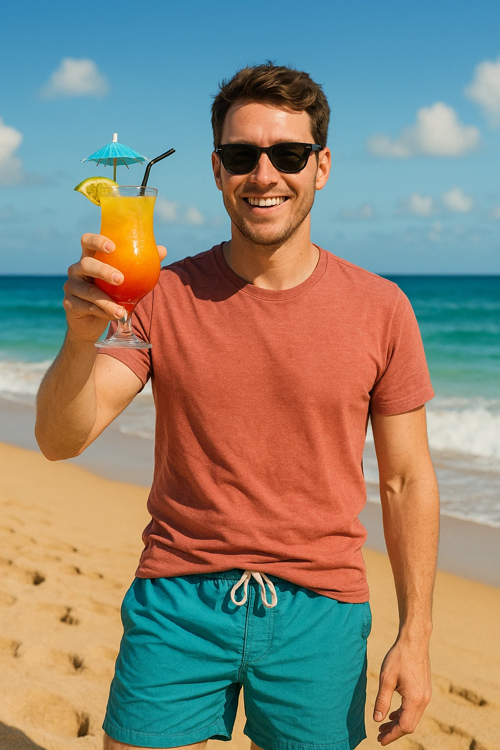 take this picture of a man and make it  beach photo with drink emoji