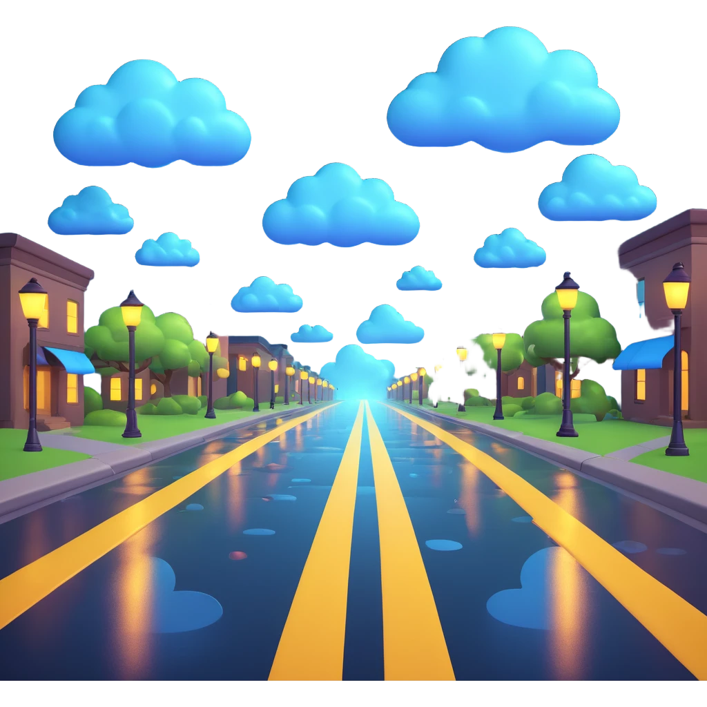 a rainy road at night with shiny wet pavement, cartoon clouds, and glowing streetlights in 3D emoji style emoji