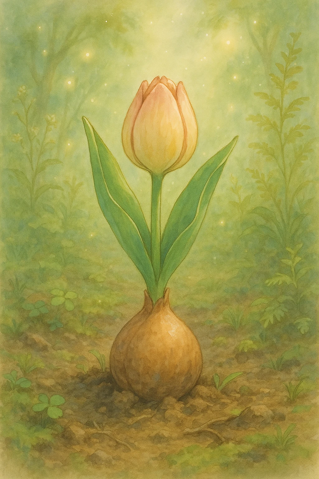 a tulip bulb, natural colors, soft, fairy-like atmosphere,  emoji