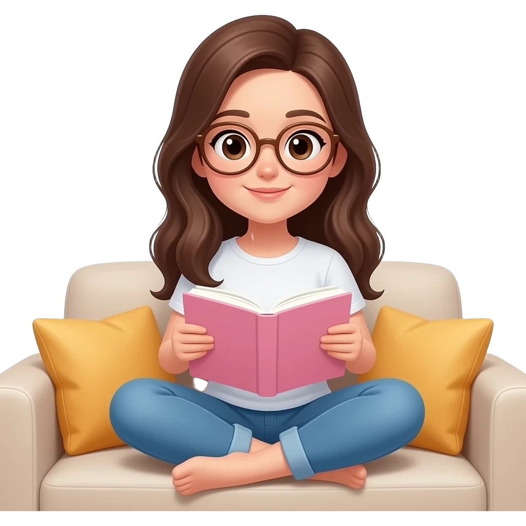 brunette pale skin girl with brown eyes and glasses reading a pink book emoji