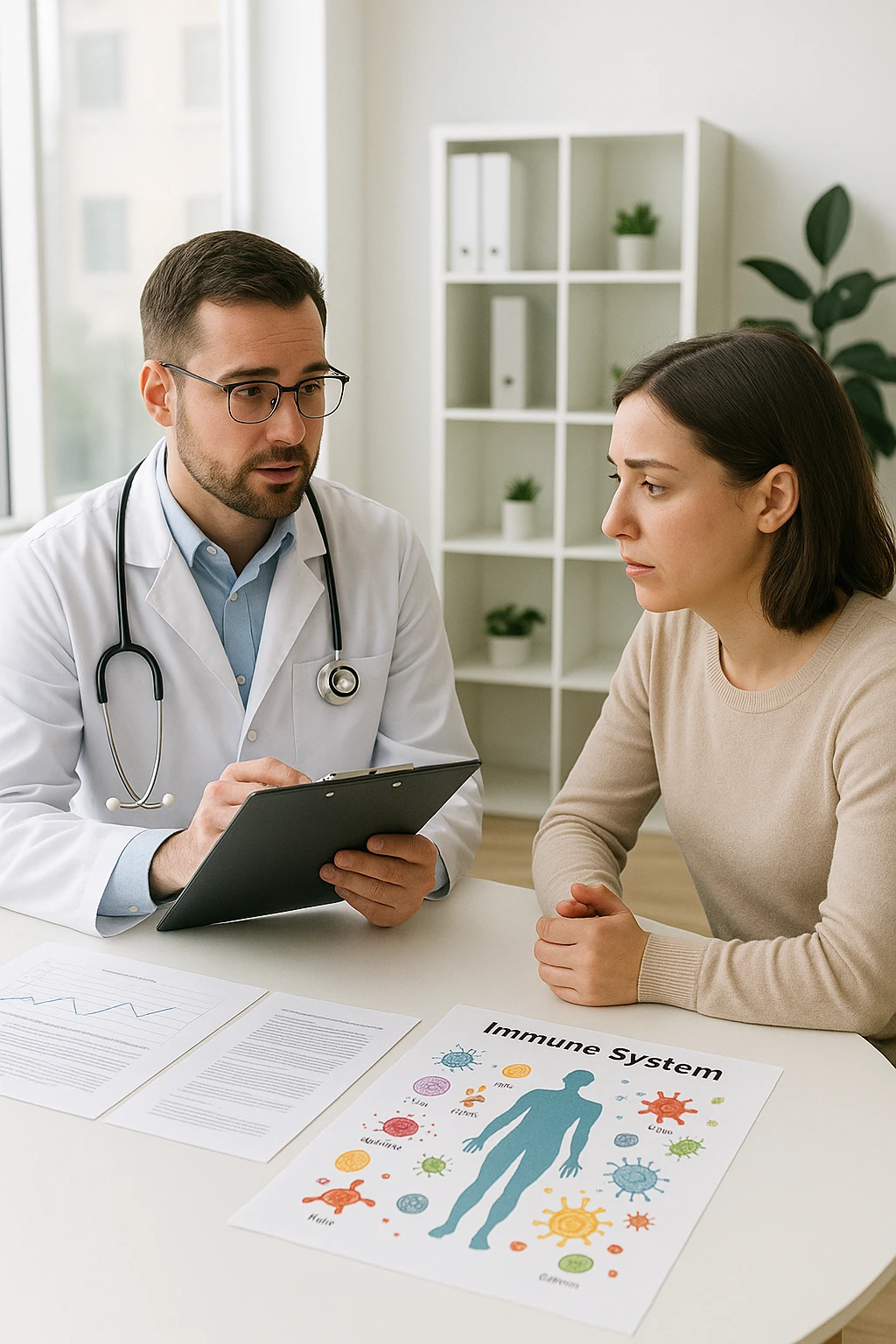a doctor sits across from a patient in a bright, modern medical office. The doctor holds a clipboard and gently explains the diagnosis, while the patient listens with a concerned but attentive expression. On the desk, there are medical charts and a diagram of the immune system. The mood is empathetic and professional. emoji